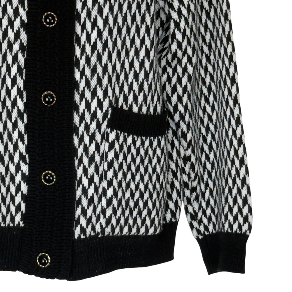 Vintage H.E.R. Black White Houndstooth Button Up Knit Cardigan Sweater Large - Picture 6 of 11